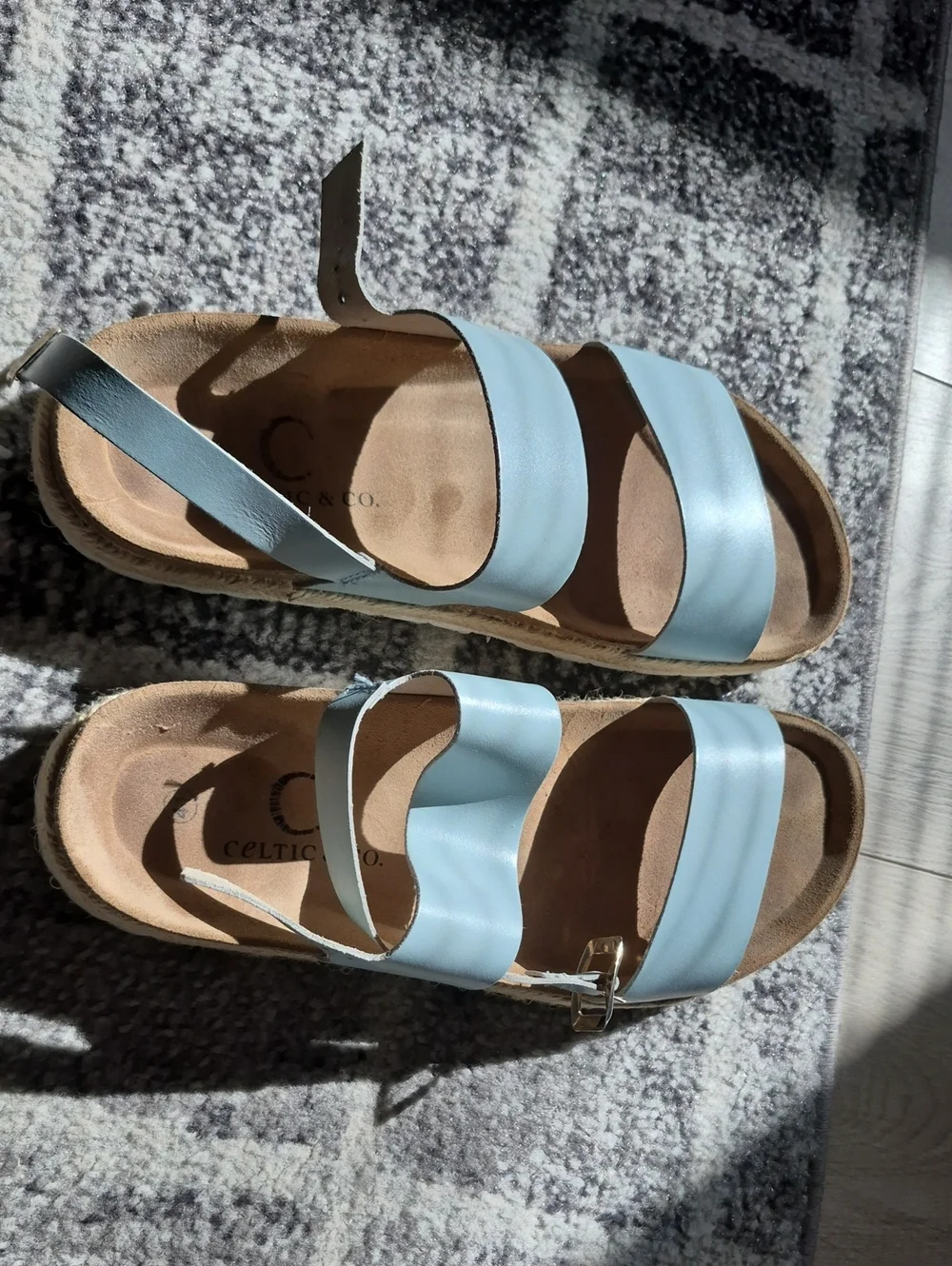 Women's Light Blue Leather Triple-Strap Sandals
